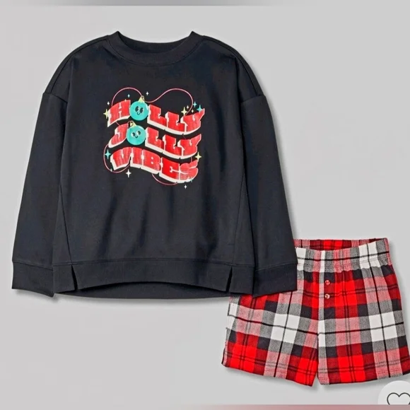 NWT Girls Christmas 2pc Holly Vibes Long Sleeve Sweatshirt Boxer Pajama Set, S 8 - Picture 5 of 8